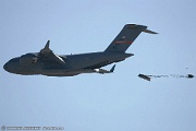 C-17 trails a drogue chute after dropping a massive pallet with multiple large cargo. C-17A Globemaster III 03-3121 ED from 418th FLTS 412th TW Edwards AFB, CA
